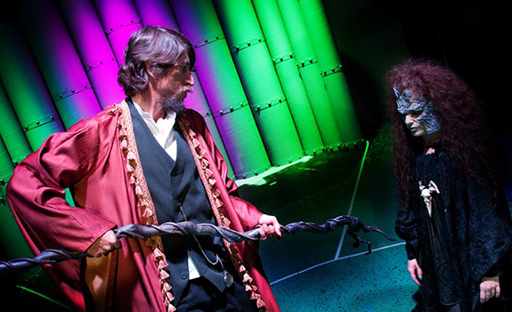 Rick Pearlstein as Prospero and J Benway as Caliban in OLT's The Tempest