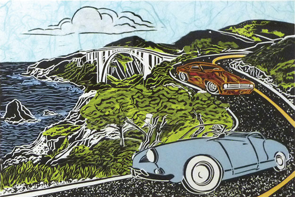 "Once I Was a Baby Blue Convertible," linoleum block print by Mimi Williams