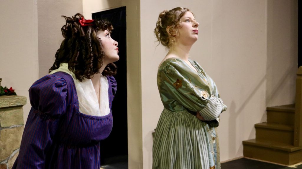 Erin Cariker as Lydia Bennet Wickham and Anne Tracy as Elizabeth Bennet Darcy in The Wickhams: Christmas at Pemberley, OLT, 2021